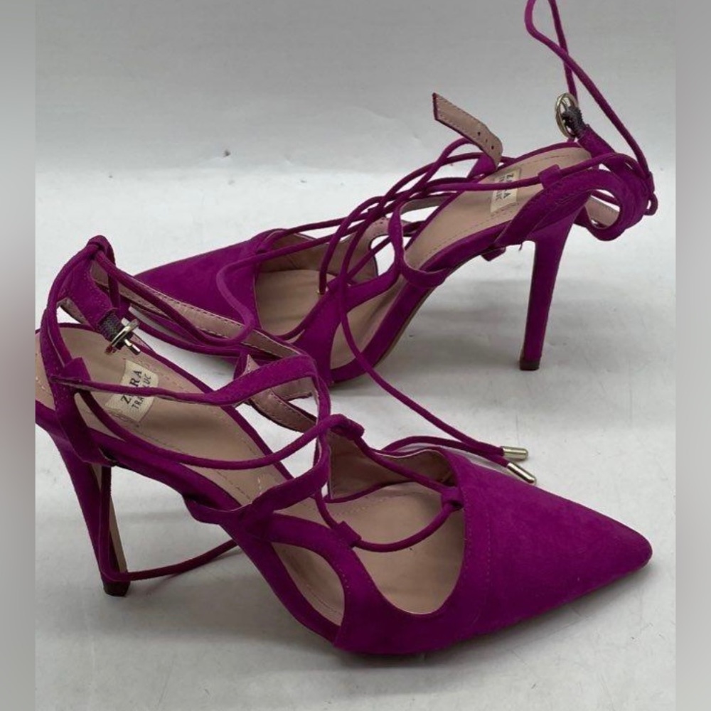 SOLD!! ZARA TRAFALUC Women Fuchsia Magenta Pink Suede Ankle Heel Shoes 37 6.5 US - Picture 9 of 10